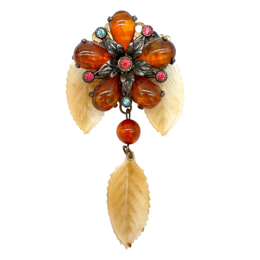Vintage Amber Glass Cabochon Brooch Carved Leaf Lucite Dangle Floral Statement